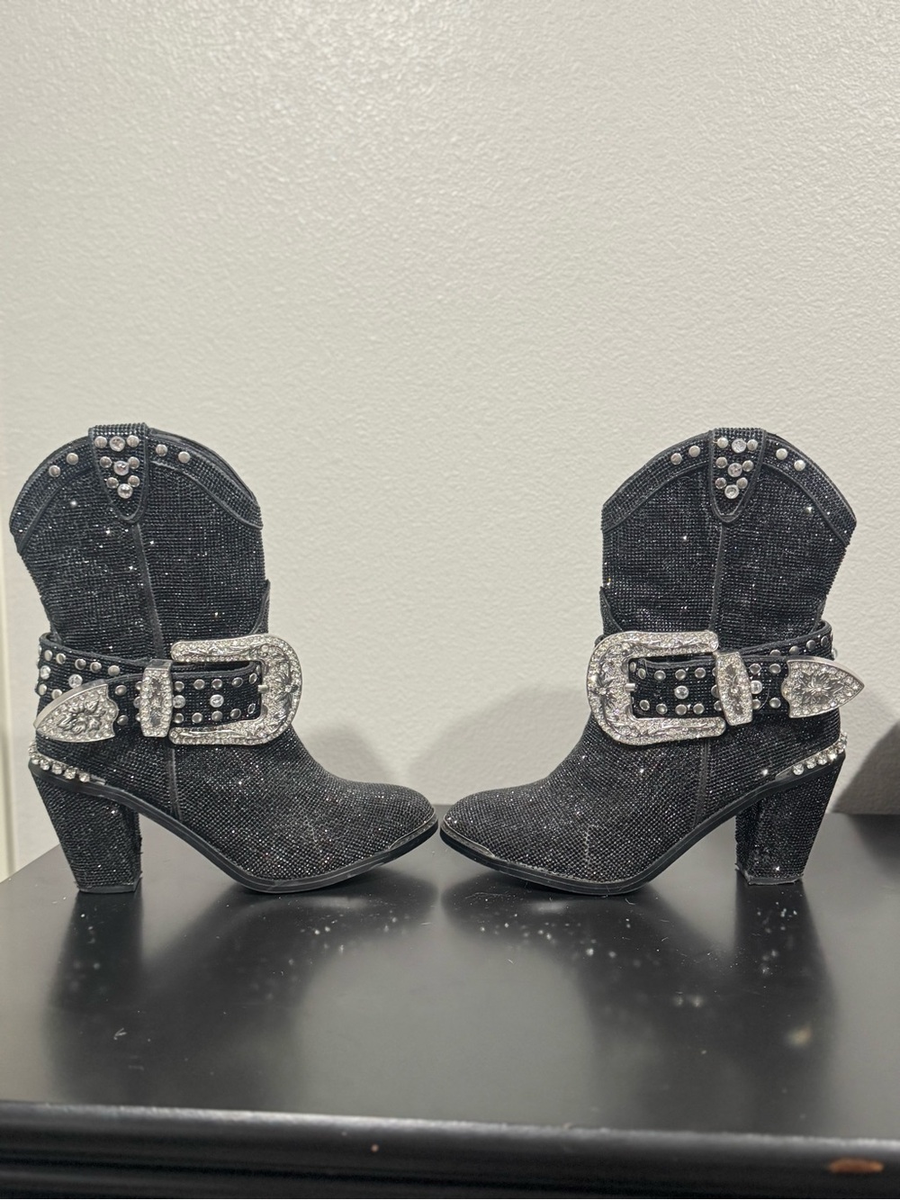 Dolls Kill Black Glitter Western Ankle Boots with Studded Buckle - Picture 4 of 10